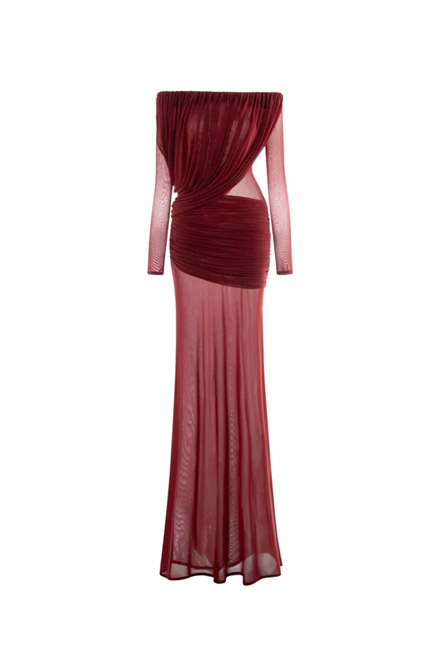 Eléonore Off-Shoulder Mesh Gown With Draped Long Sleeves - Burgundy