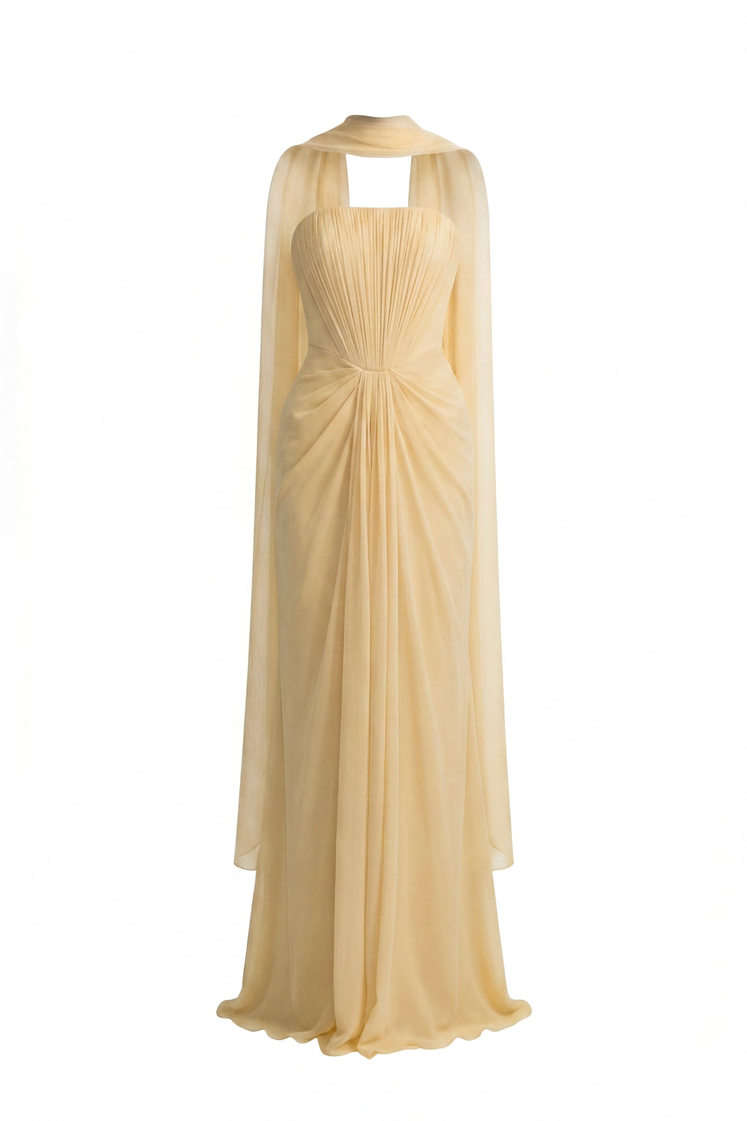 Azuria Strapless Pleated Gown With Draped Chiffon Cape - Yellow