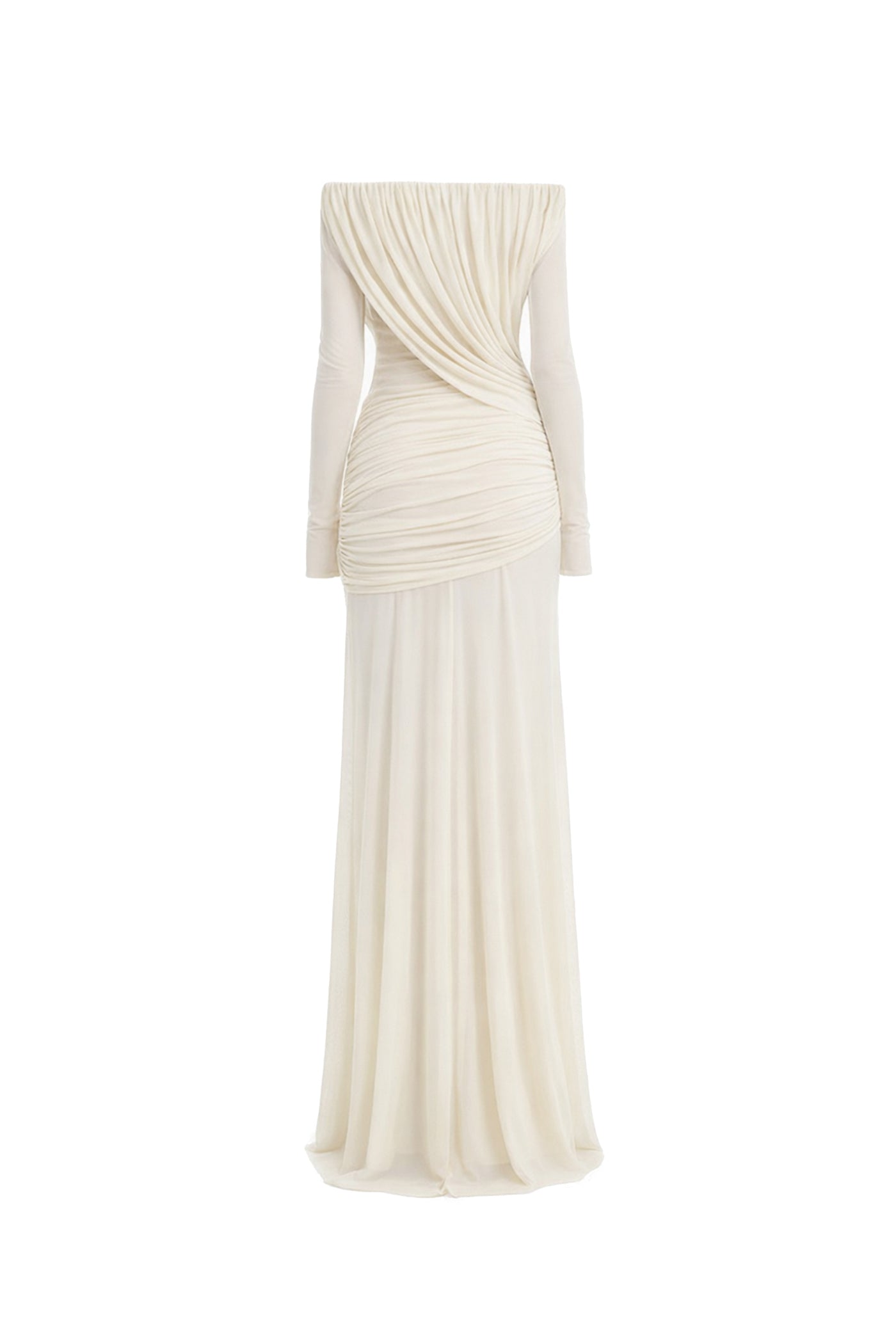 Eléonore Off-Shoulder Mesh Gown With Draped Long Sleeves - White
