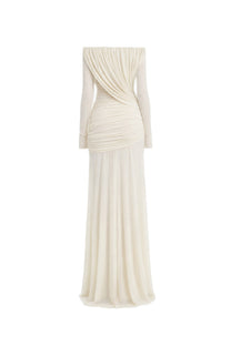 Eléonore Off-Shoulder Mesh Gown With Draped Long Sleeves - White