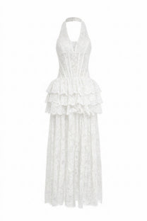 Mélanthe Lace Halter Gown With Sheer Corset And Tiered Ruffle Peplum - White