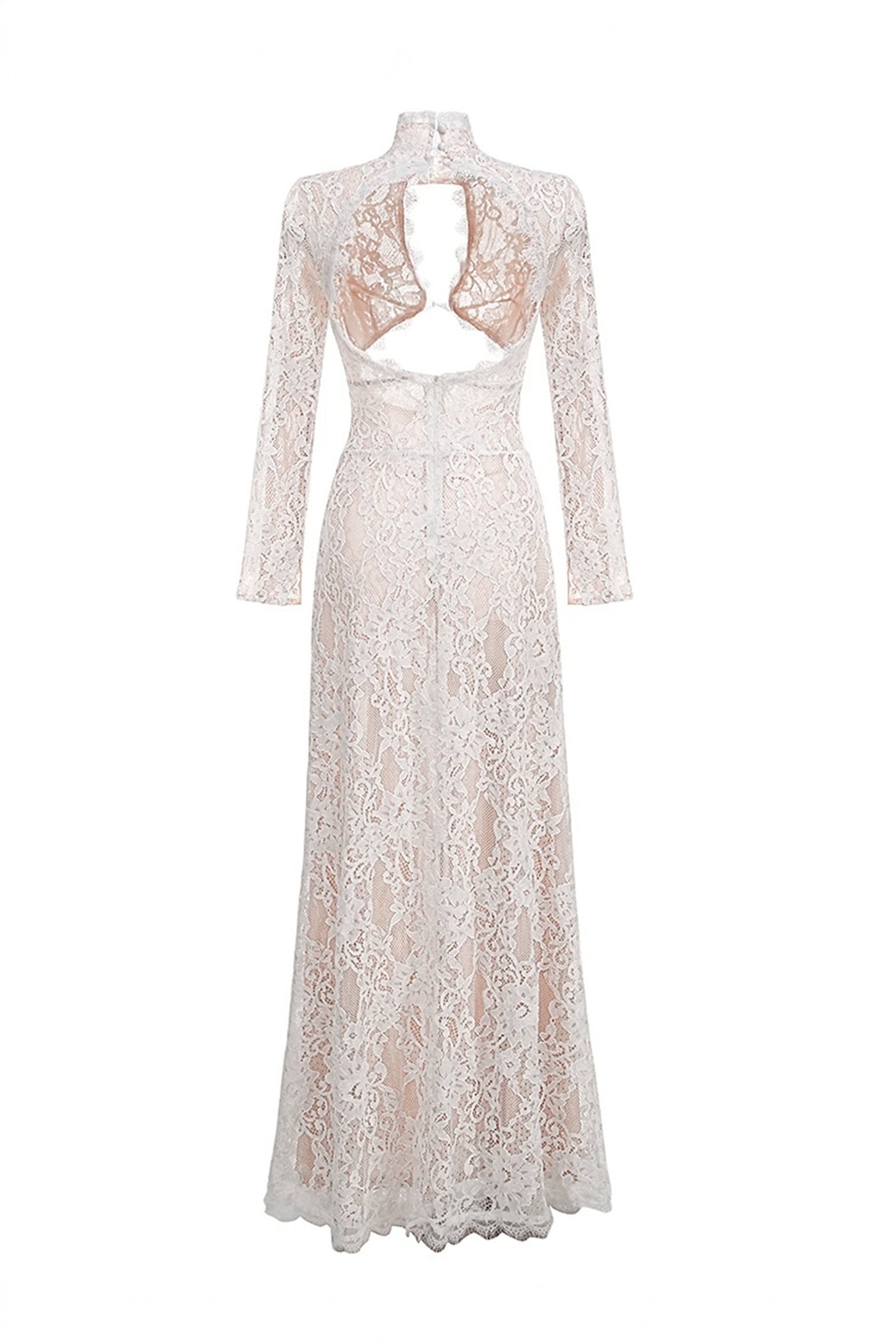 Scarlett Sheer Lace Gown With High Neck And Cutout Bodice And Front Slit - White