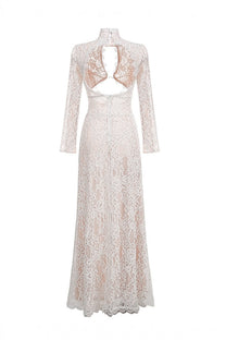 Scarlett Sheer Lace Gown With High Neck And Cutout Bodice And Front Slit - White