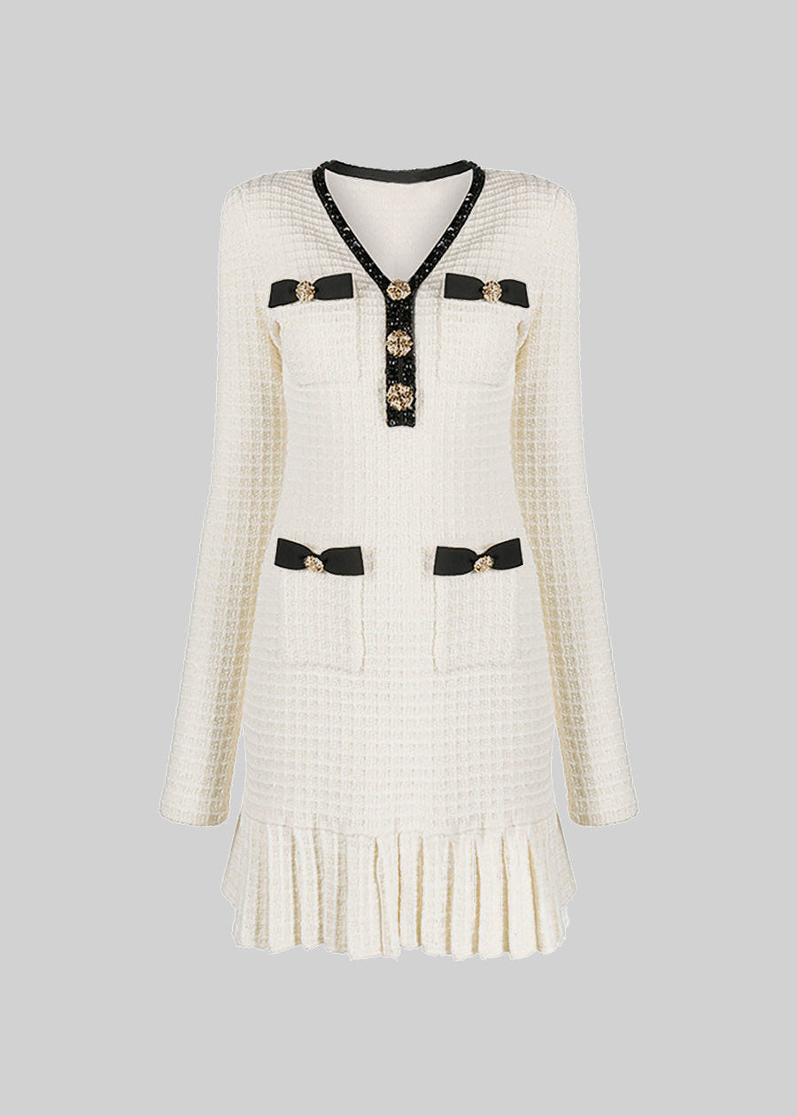 Sophisticated Long Sleeve Dress with Textured Finish - Ivoire