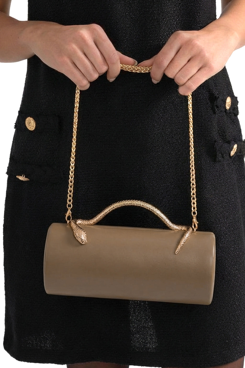 Maleïne Clutch Bag with Gold Chain and Snake Handle – Khaki