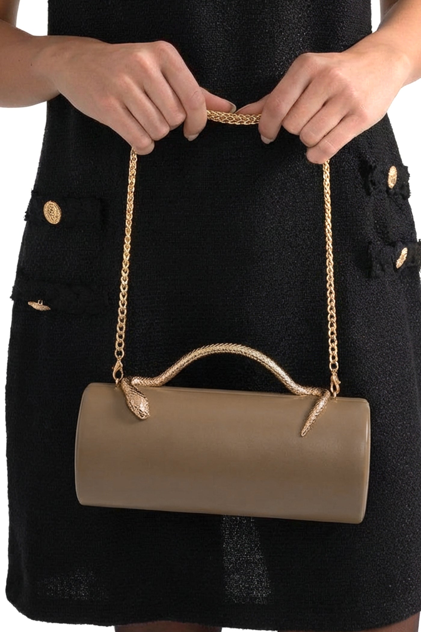 Maleïne Clutch Bag with Gold Chain and Snake Handle – Khaki