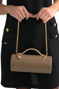 Maleïne Clutch Bag with Gold Chain and Snake Handle – Khaki