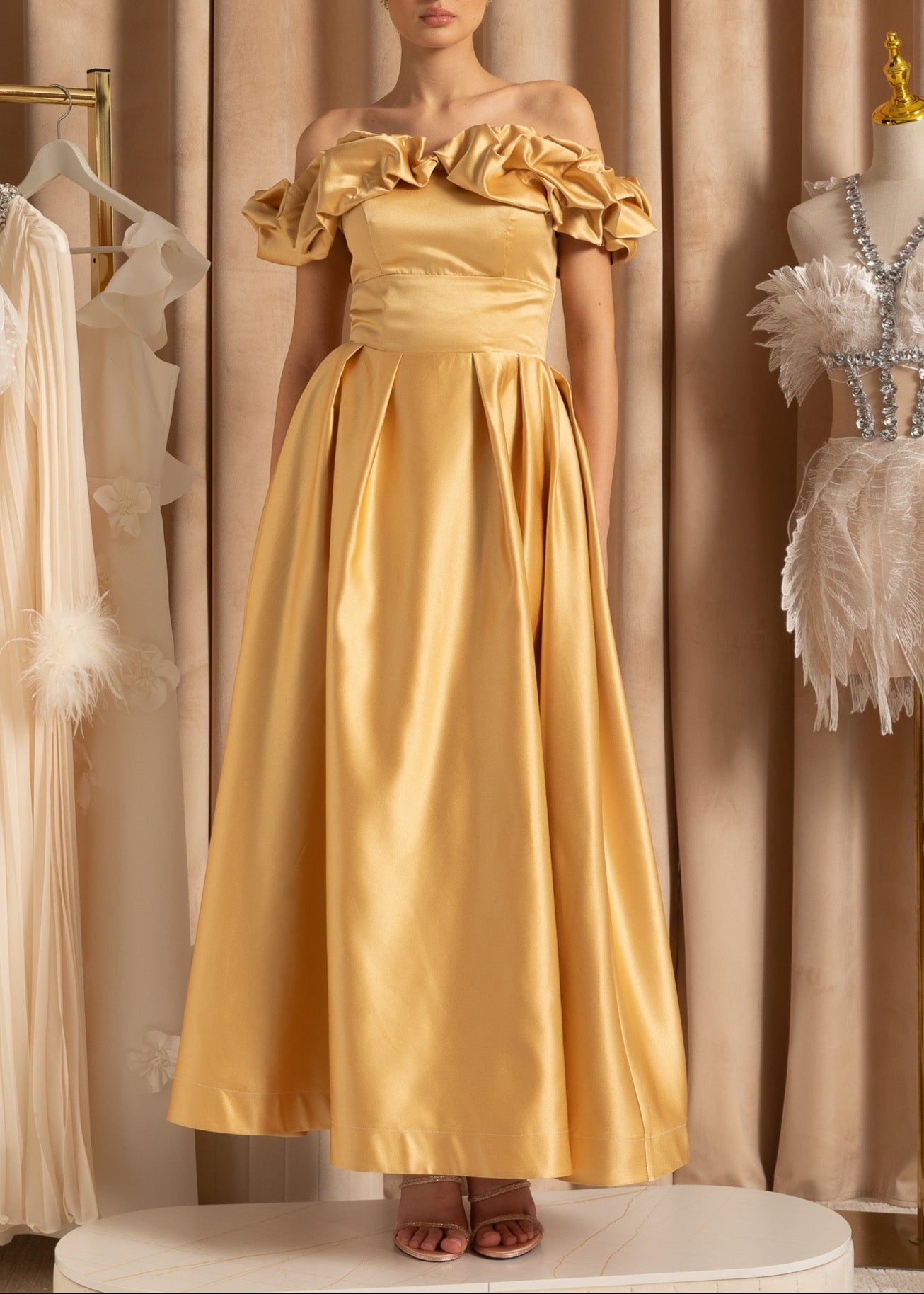 Off-Shoulder Satin Dress With Ruffled Neckline - Gold