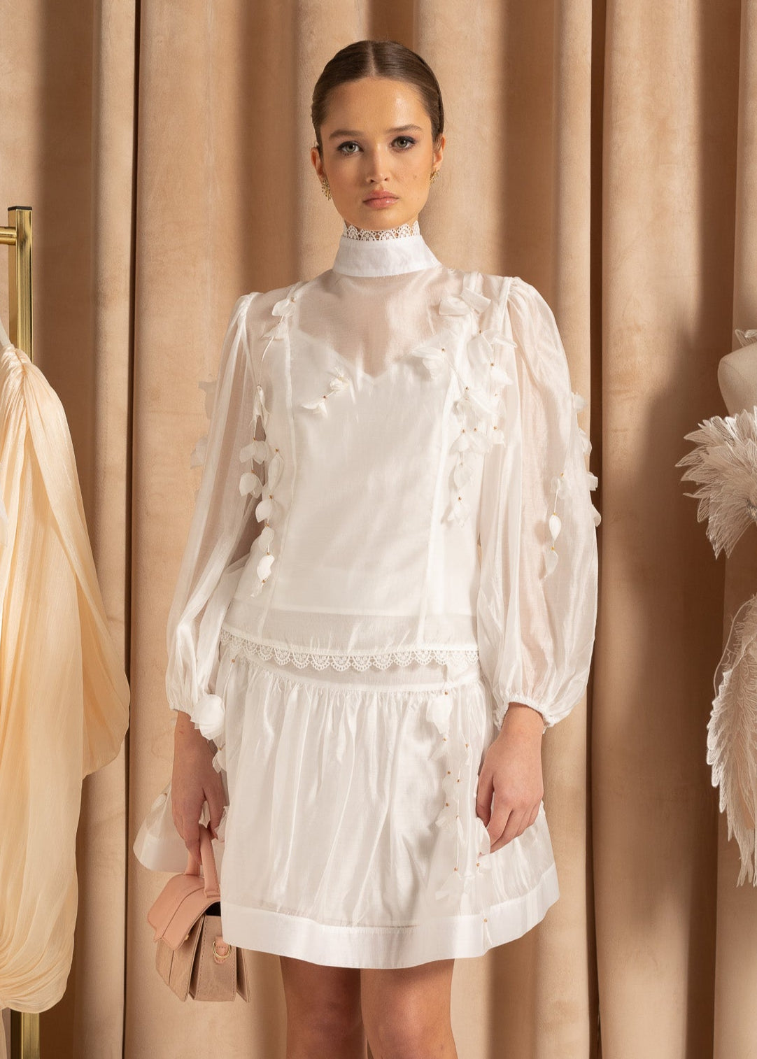 Flower Co-Ord With High Neckline, Lace And Adornments - White