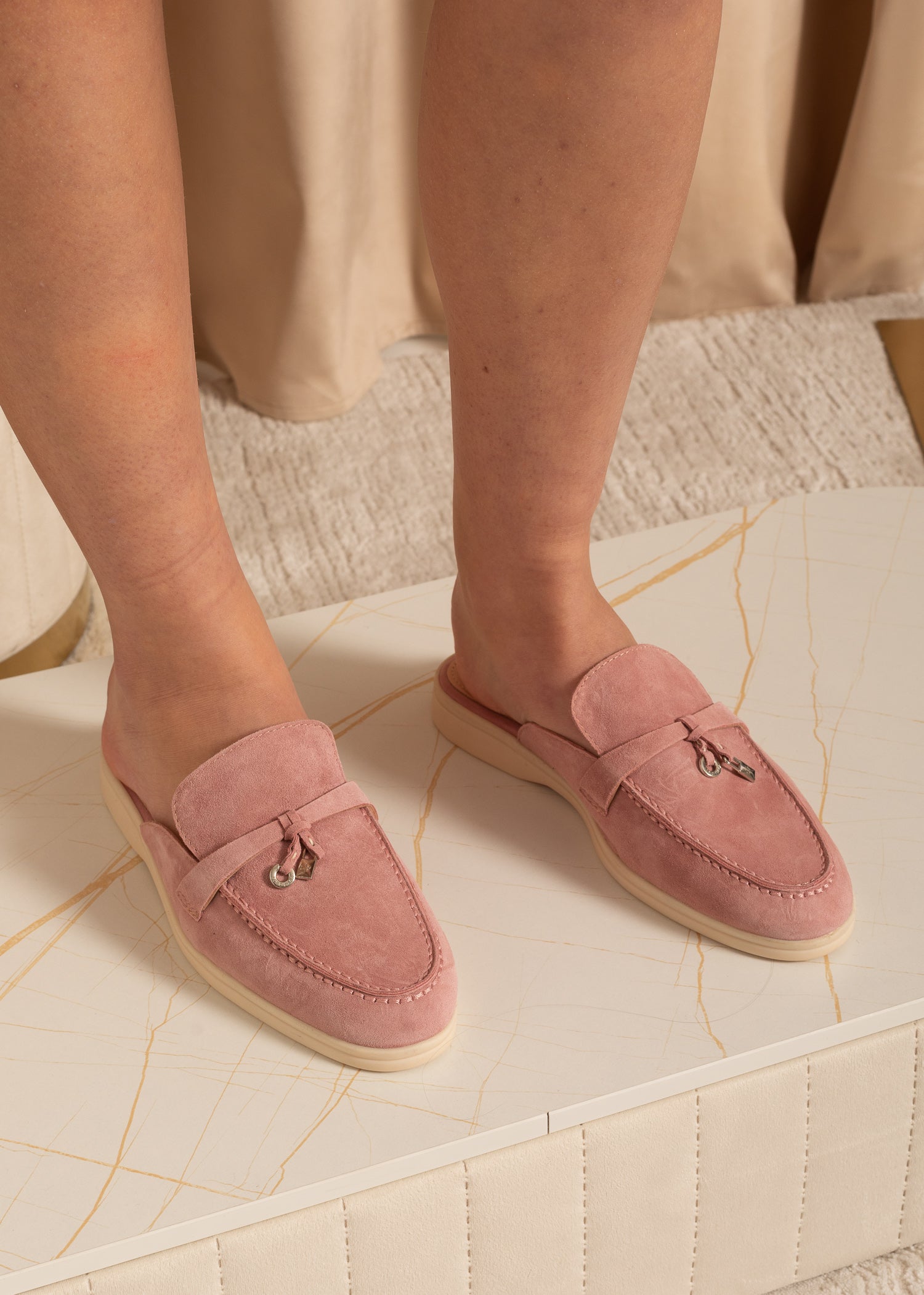 Suede Loafers With Metallic Embellishments - Pink