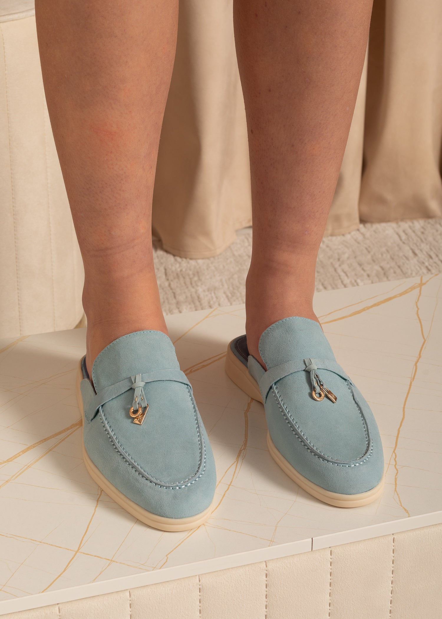 Suede Loafers With Metallic Embellishments - Blue