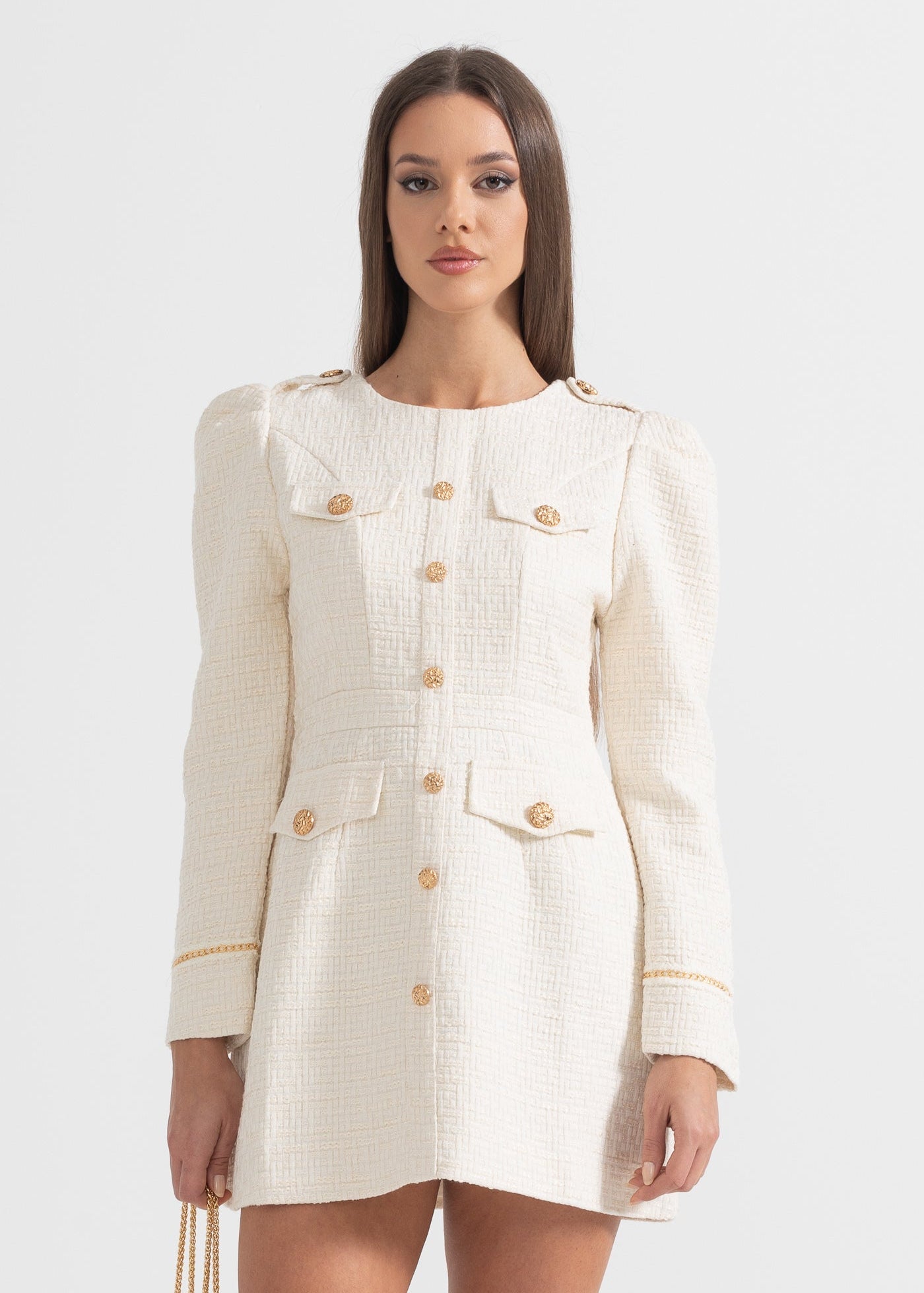 Mini Dress With Front Pockets And Gold Buttons  - Ivoire
