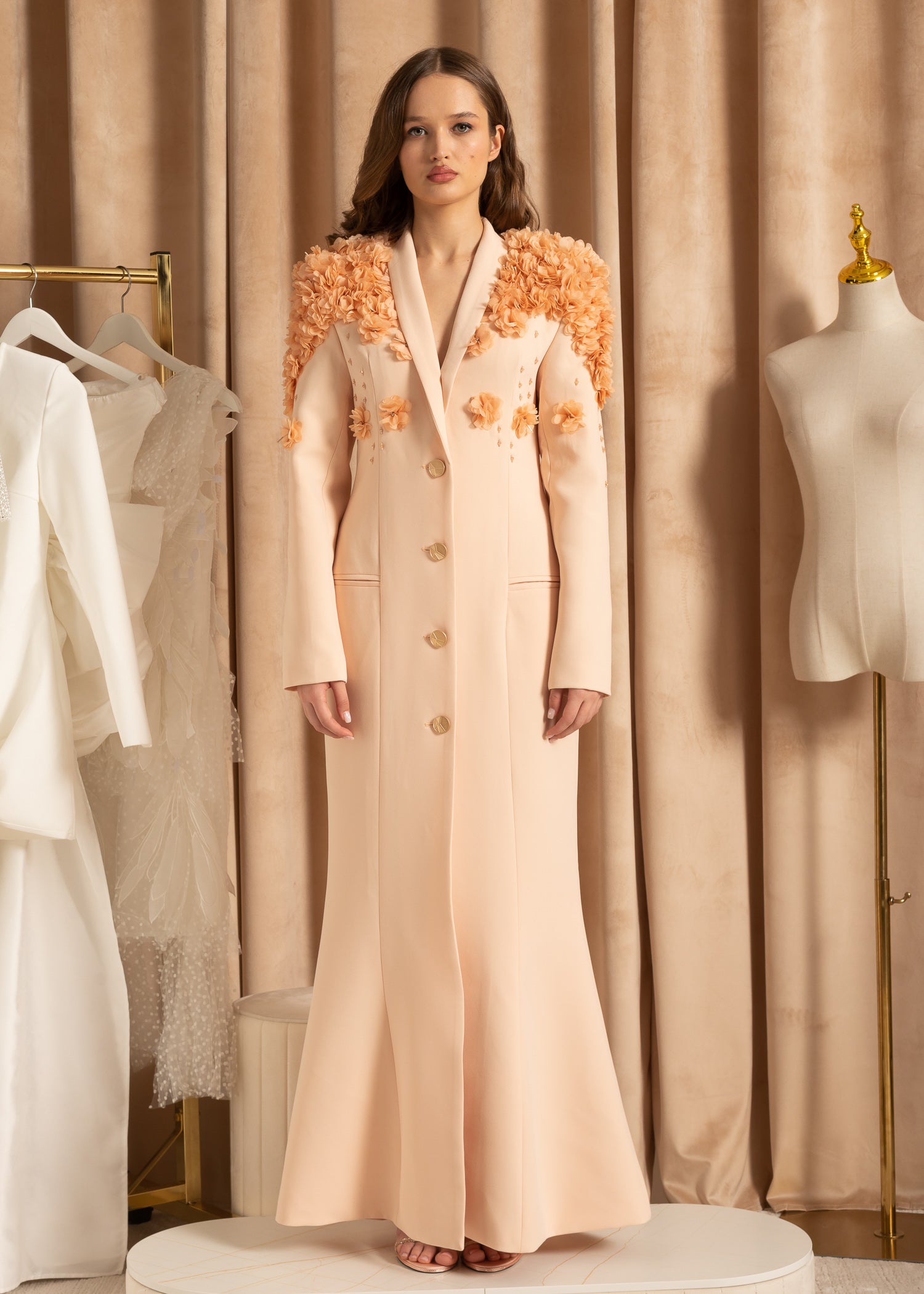 Elegant Overcoat With Textured Floral Shoulder Design - Beige