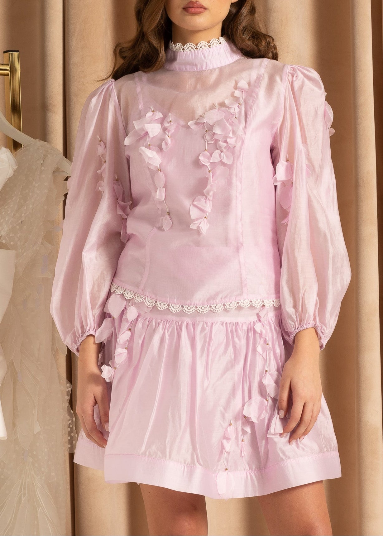 Flower Co-Ord With High Neckline, Lace And Adornments - Pink