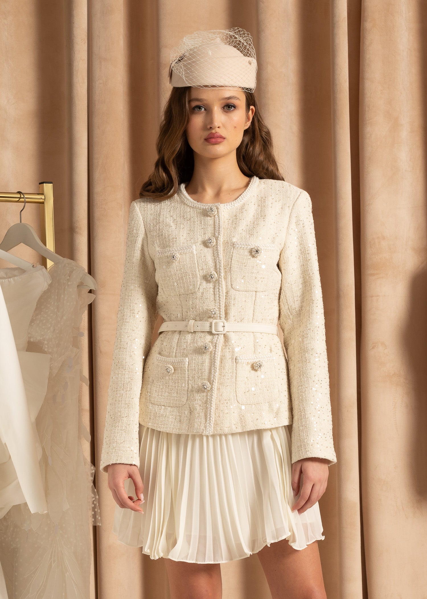 Textured Sequin Knitted Dress With Pleated Mini Skirt - Ivoire