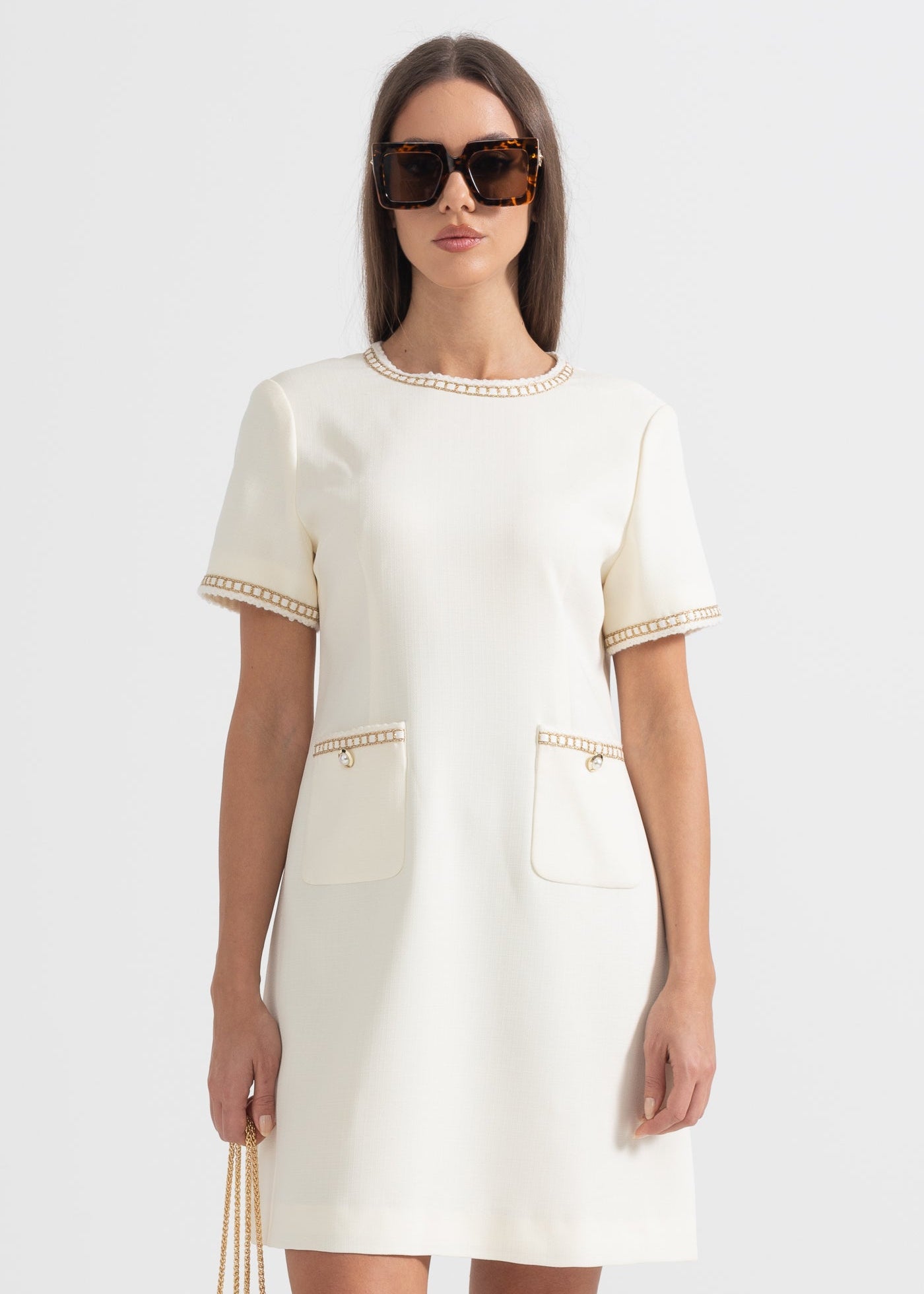 Short Sleeve Mini Dress With Golden Details - Ivoire