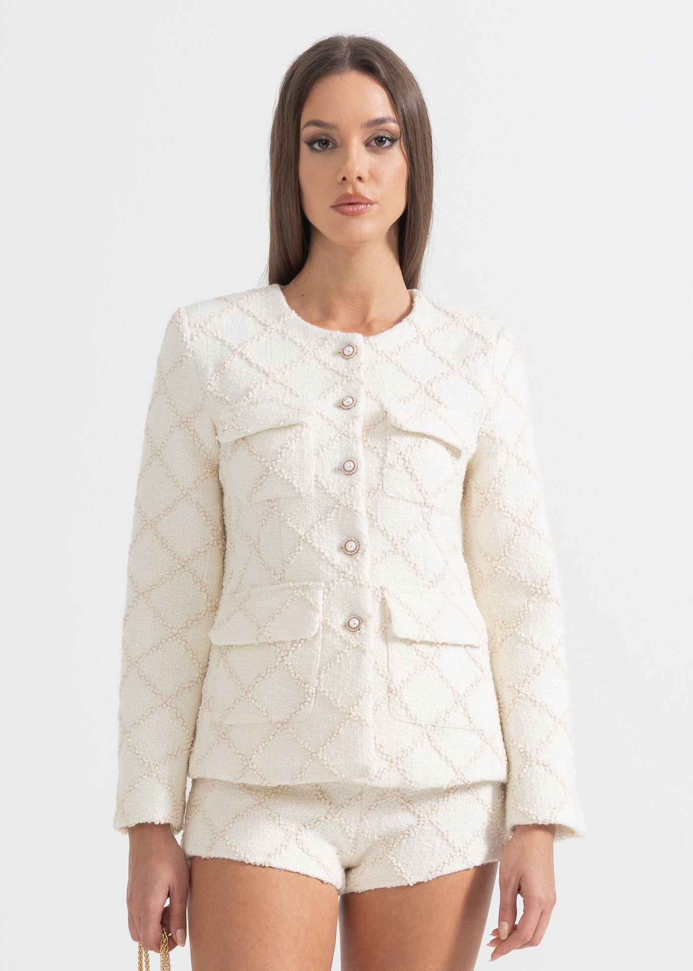 Diamond Patterned Jacket With Matching Shorts - Ivoire