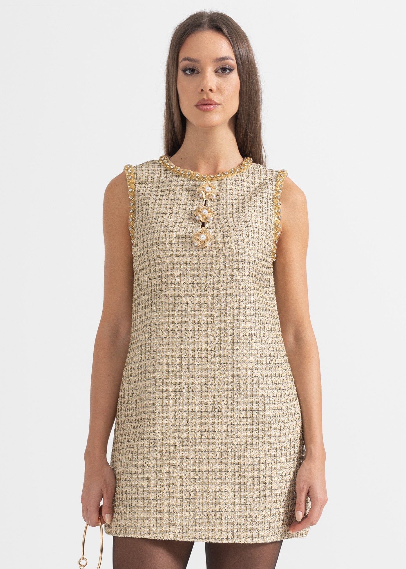 Textured Mini Dress With Golden Detailing And Buttons - Gold