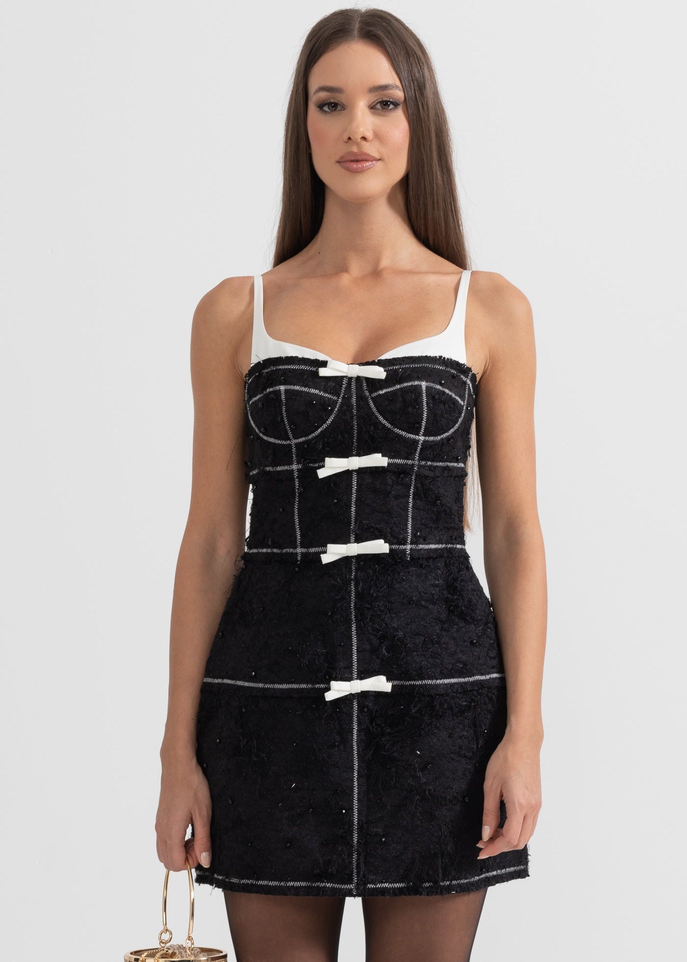 Mini Dress With Feather-Like Patterned Fabric - Black
