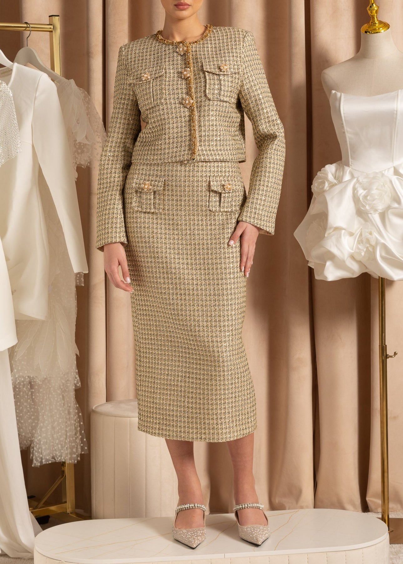Textured Two-Piece Ensemble With Golden Elements - Gold