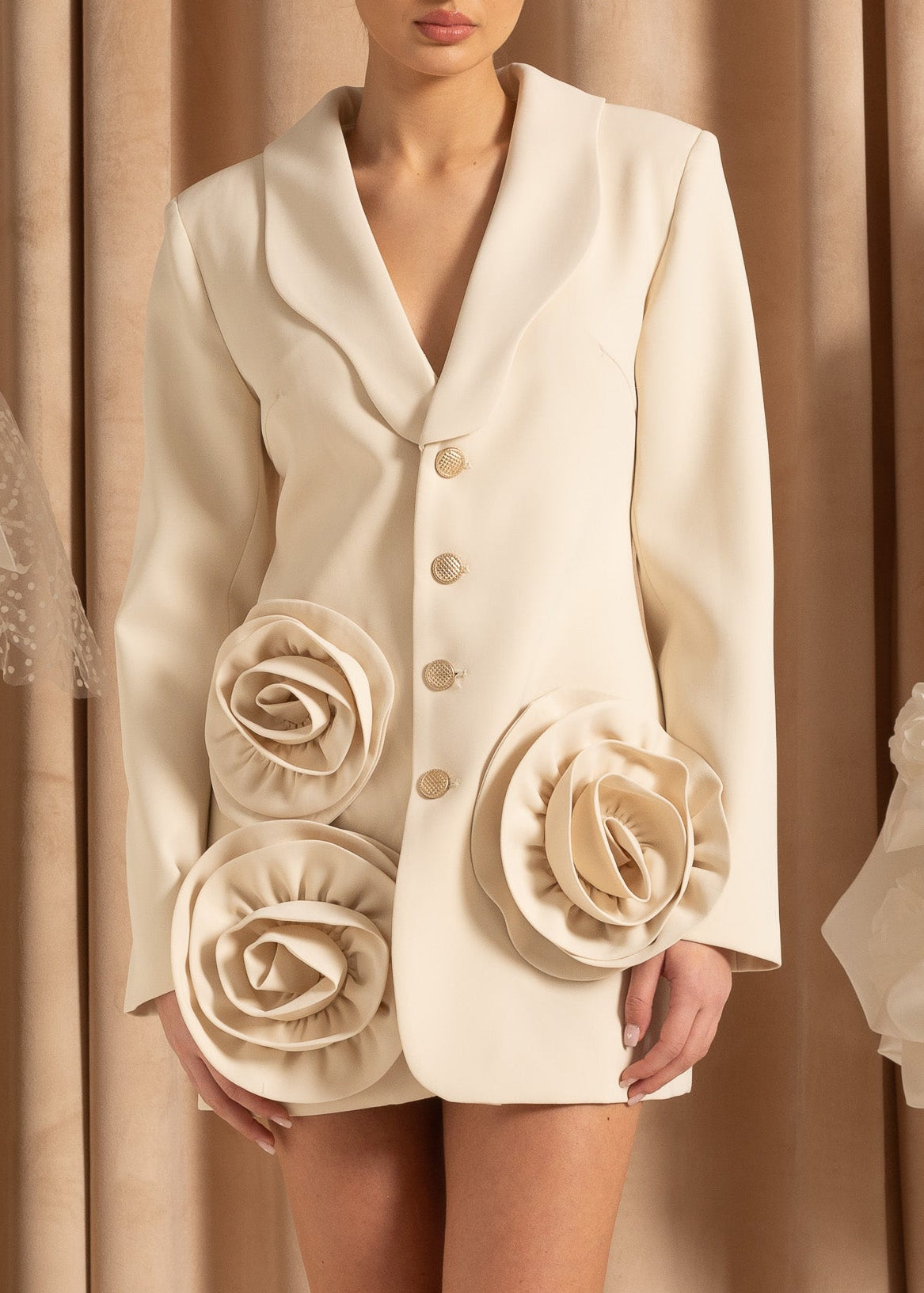 Blazer Dress With Deep V-Neckline And 3D Roses  - Beige