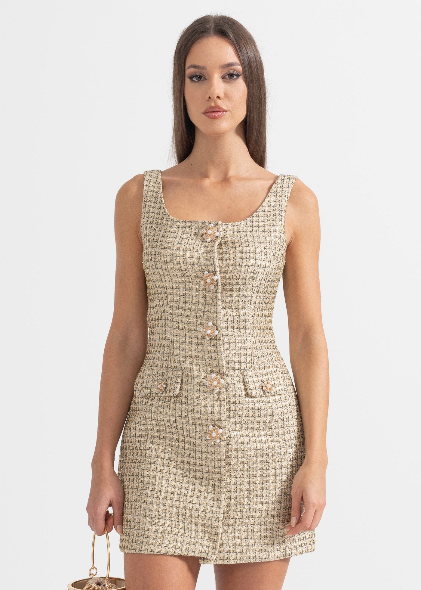 Textured Mini Dress With Golden Floral Shaped Buttons - Gold