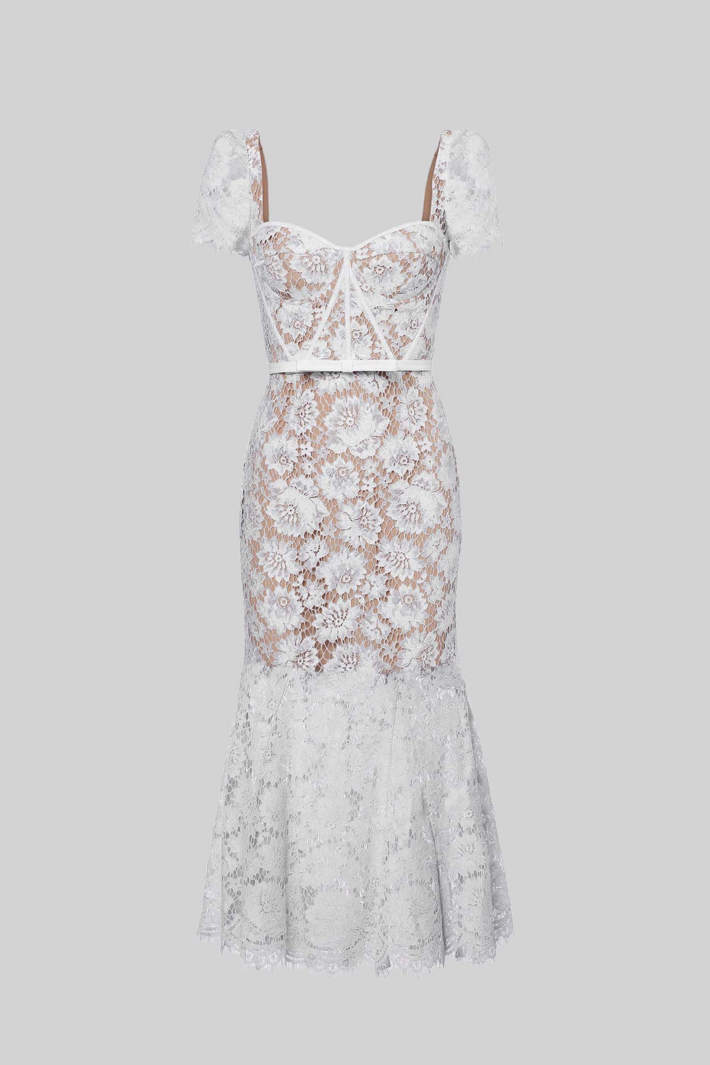 Lace Midi Dress with Sweetheart Neckline and Short Sleeves - White