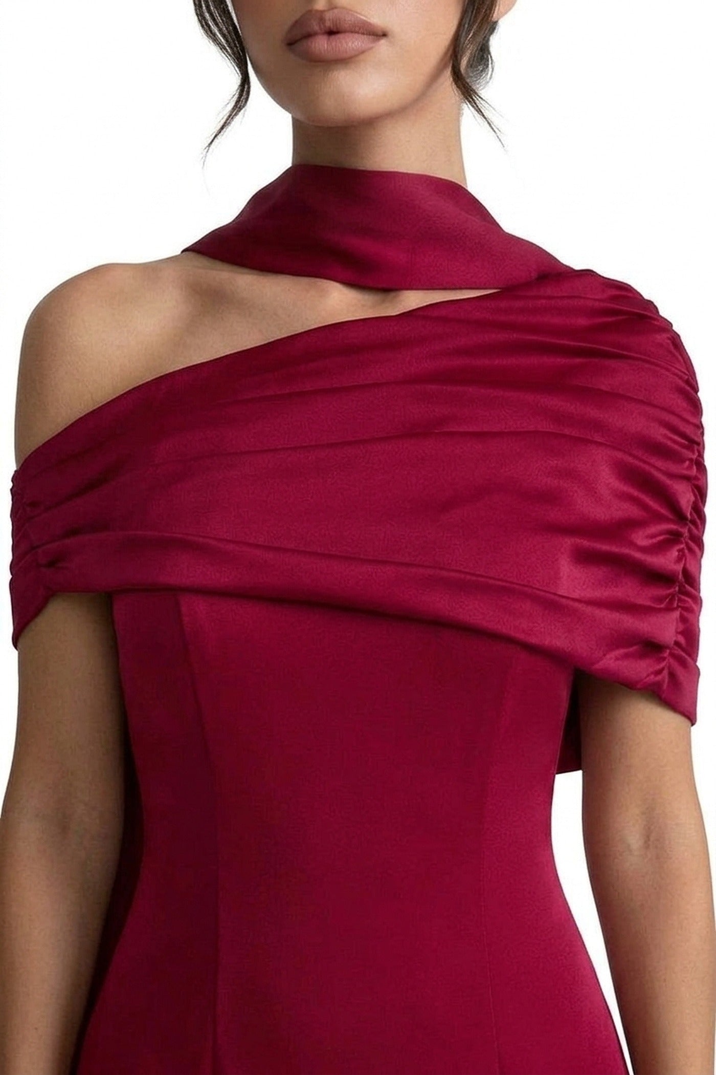 Ambrine Satin Column Gown With Draped Shoulder Wrap And High Neck - Red