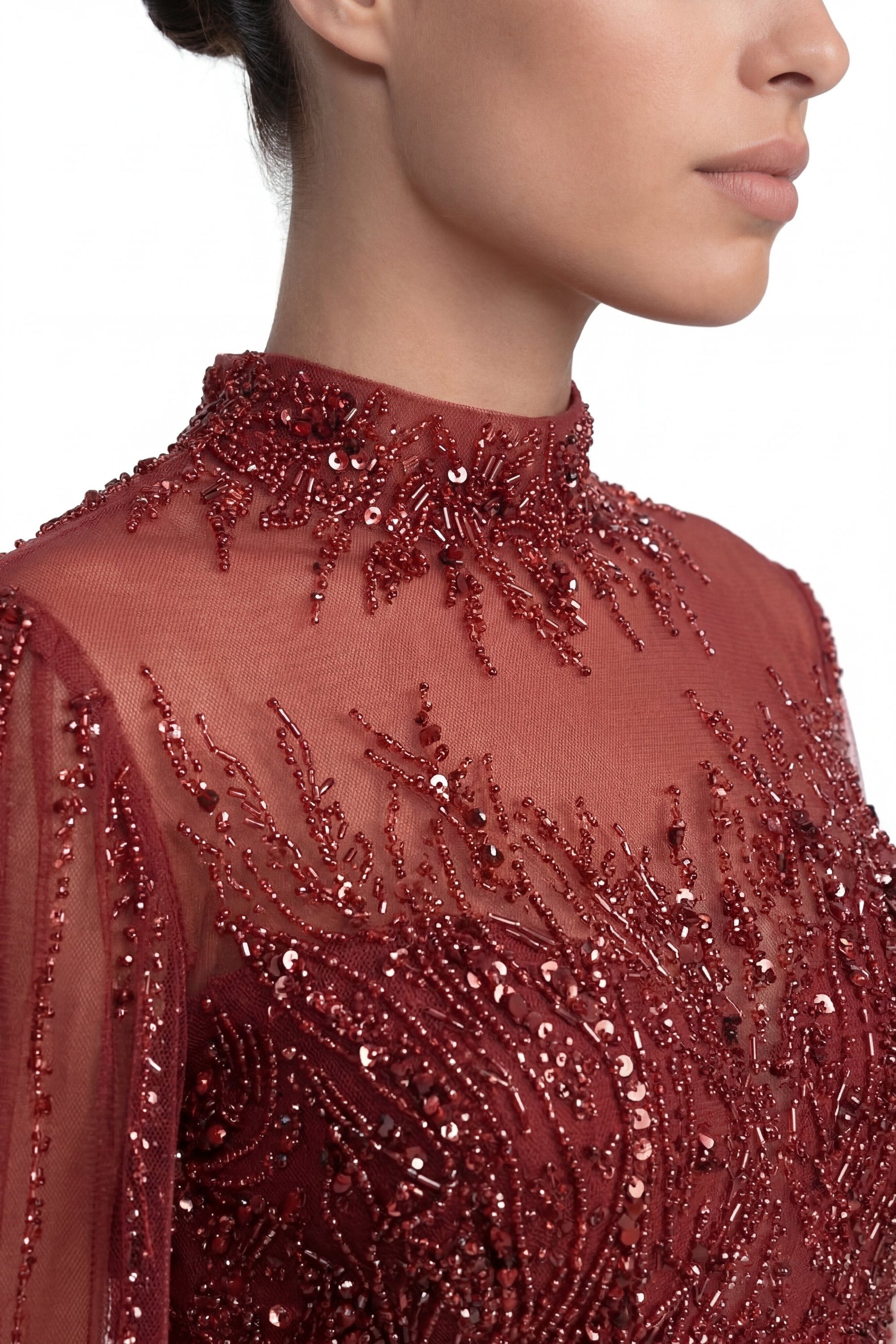 Lumière Embellished Long Sleeve Maxi Dress With Sheer Veil Sleeves - Red