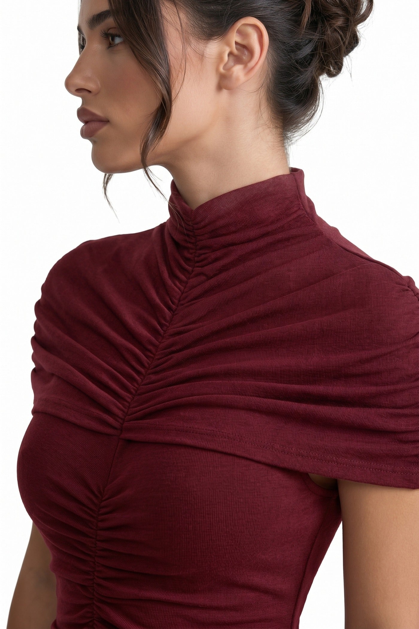 Arnaude High-Neck Ruched Maxi Dress With Cap Sleeves And Fitted Skirt - Red