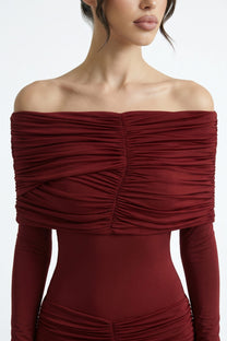 Edmée All-Over Ruched Maxi Dress With Short Sleeves - Red