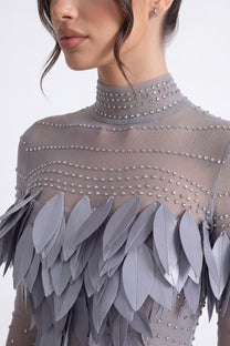 Ondine 3D Feather Mini Dress With Crystal Straps - Silver