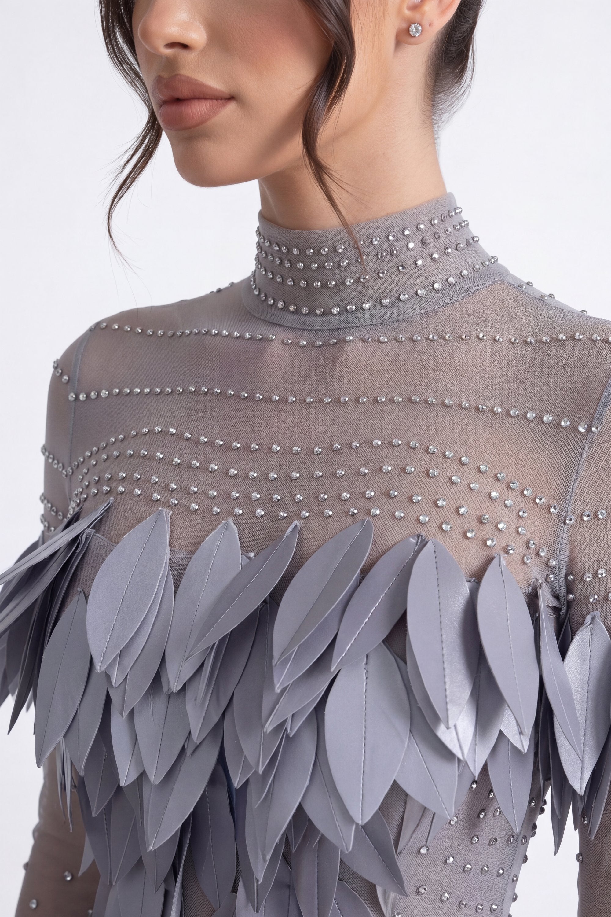 Ondine 3D Feather Mini Dress With Crystal Straps - Silver