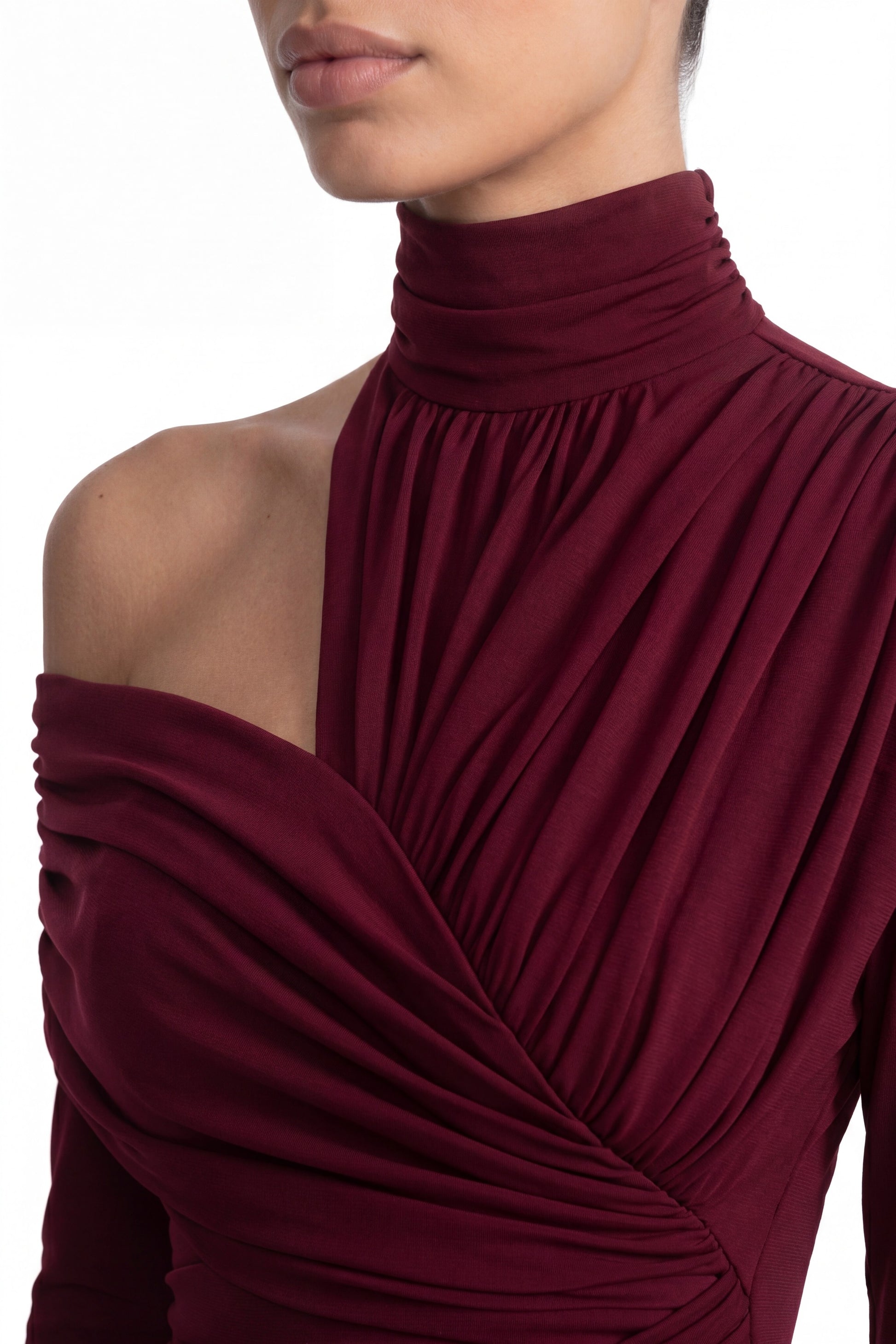 Charline Draped Cold-Shoulder Midi Dress With Front Slit - Burgundy