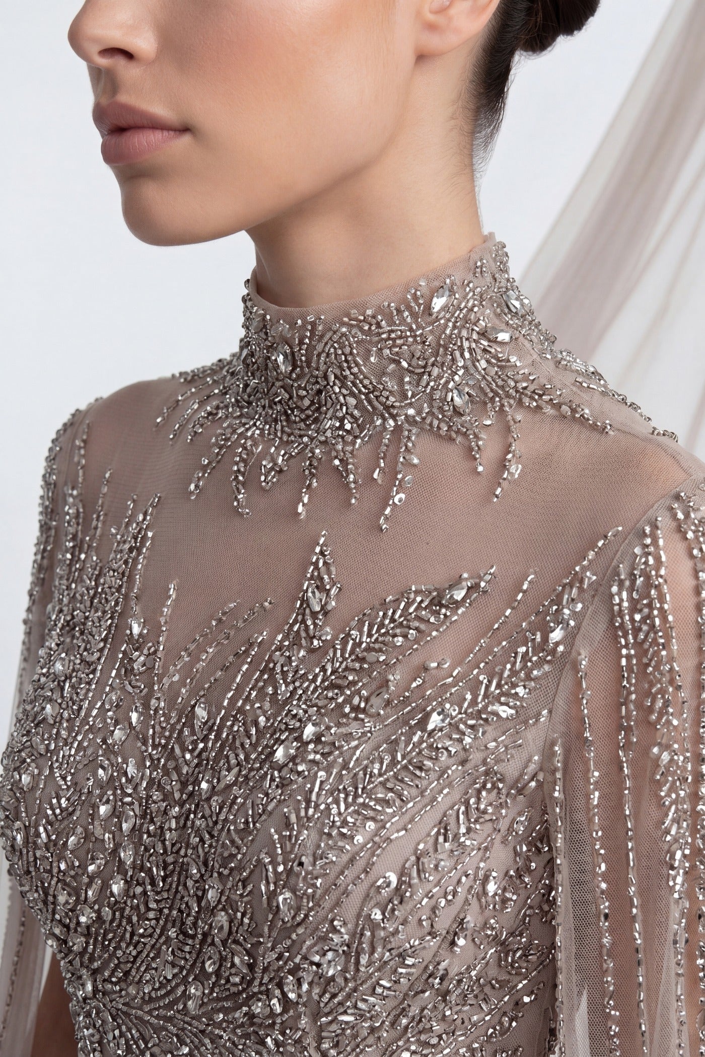 Lumière Embellished Long Sleeve Maxi Dress With Sheer Veil Sleeves - Beige