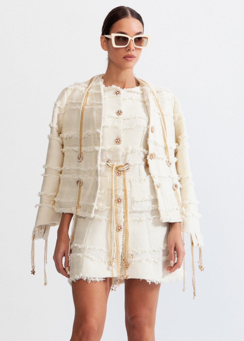 Tweed Blazer With Golden Chains And Pearls - Beige