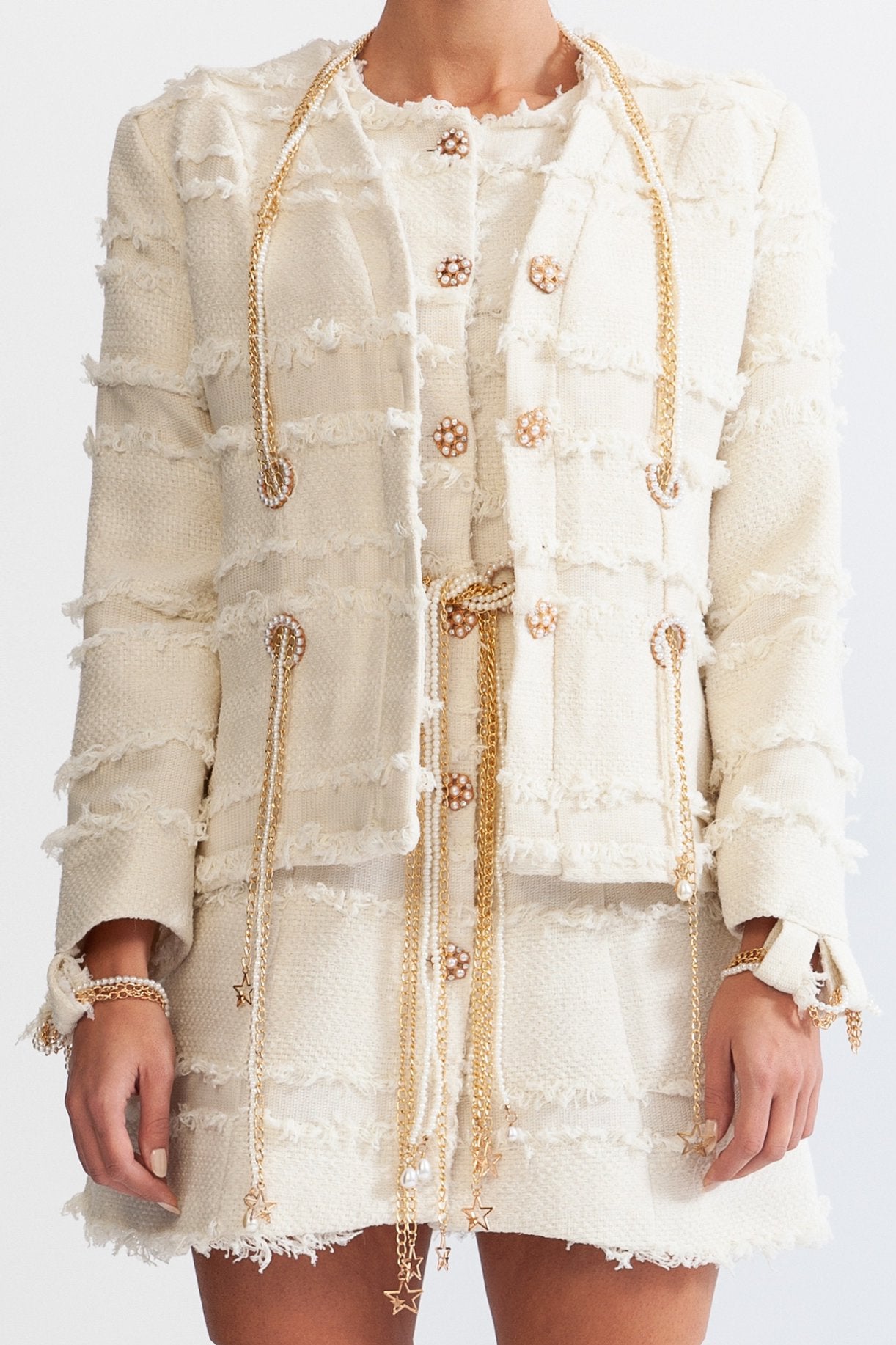 Tweed Blazer With Golden Chains And Pearls - Beige