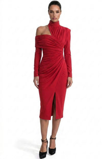Charline Draped Cold-Shoulder Midi Dress With Front Slit - Red