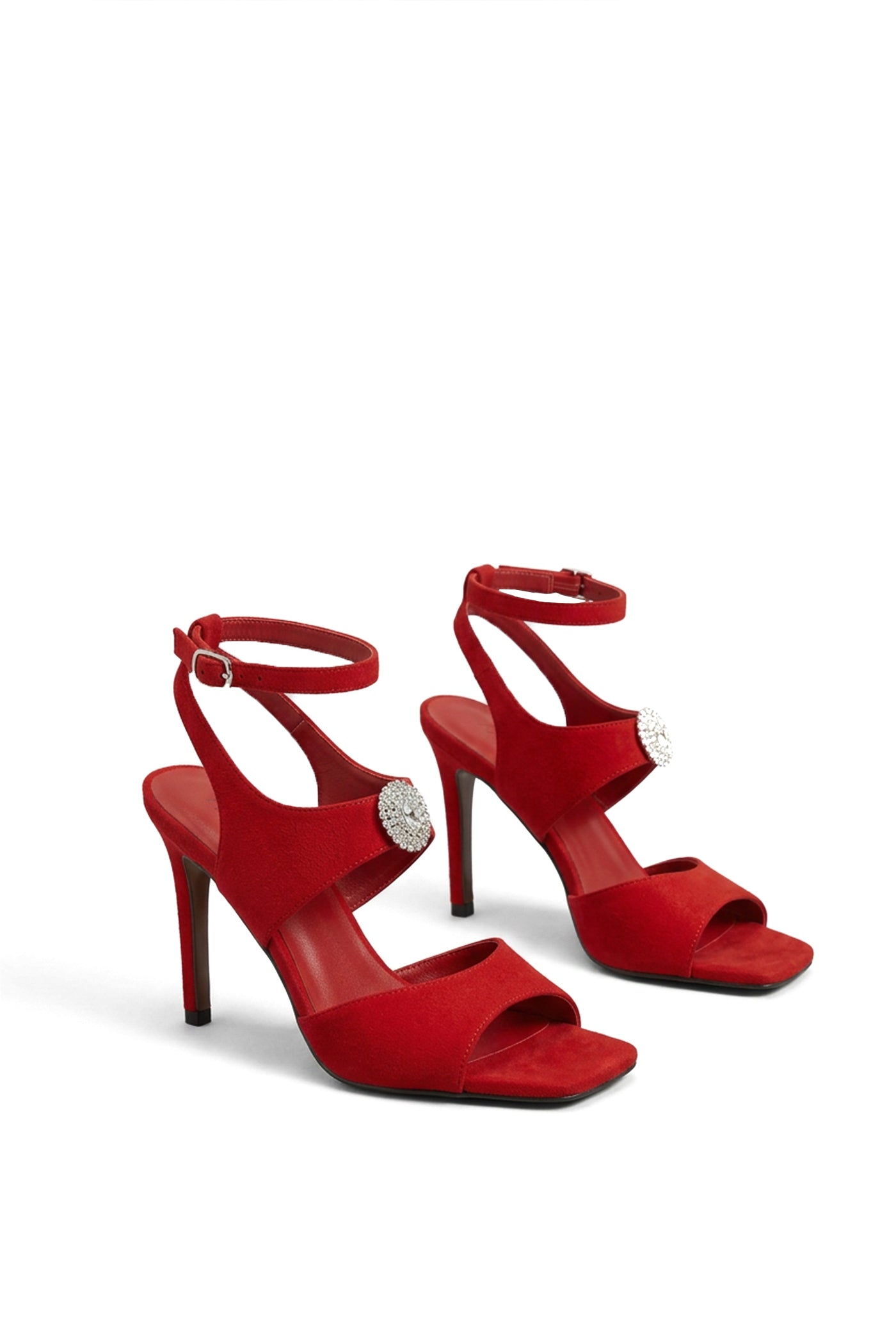 Thessaline High Heel suede Sandals With Crystal Embellishment - Red