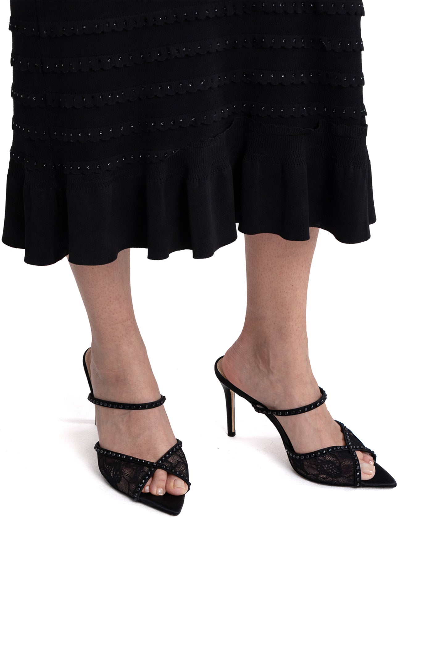 Bertille Lace Pointed-Toe Mules With Crystal-Strap - Black