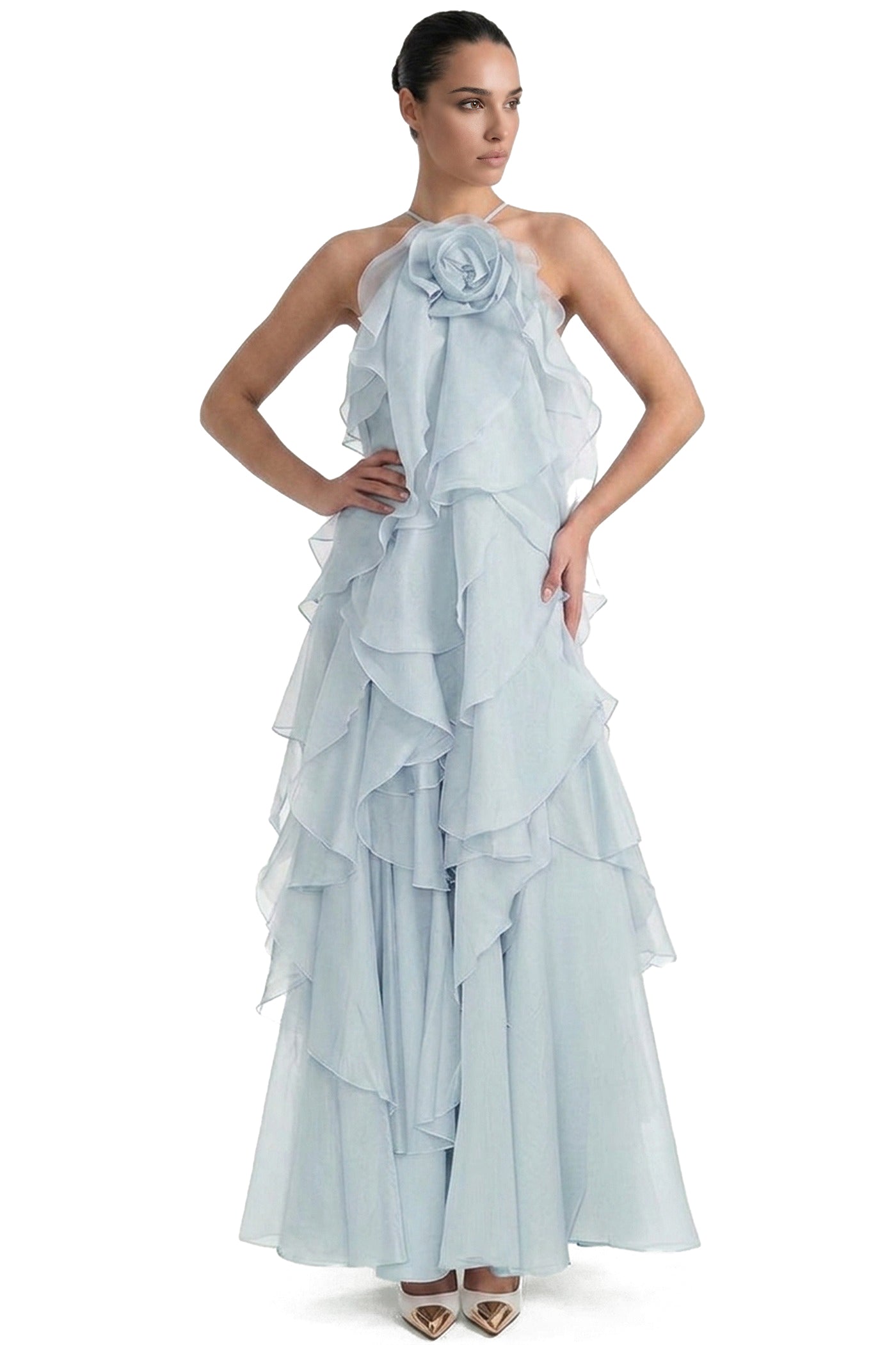 Nicolette Halter Neck Ruffled Organza Gown With 3D Rose Accent - Light blue