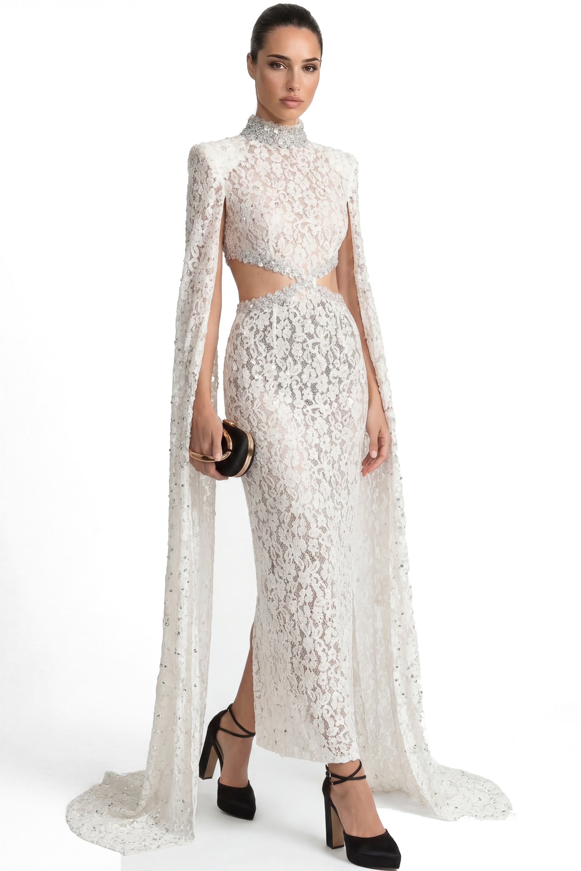Mirabelle Lace Mermaid Gown With Cape Sleeves And Crystal Waist Detail - White