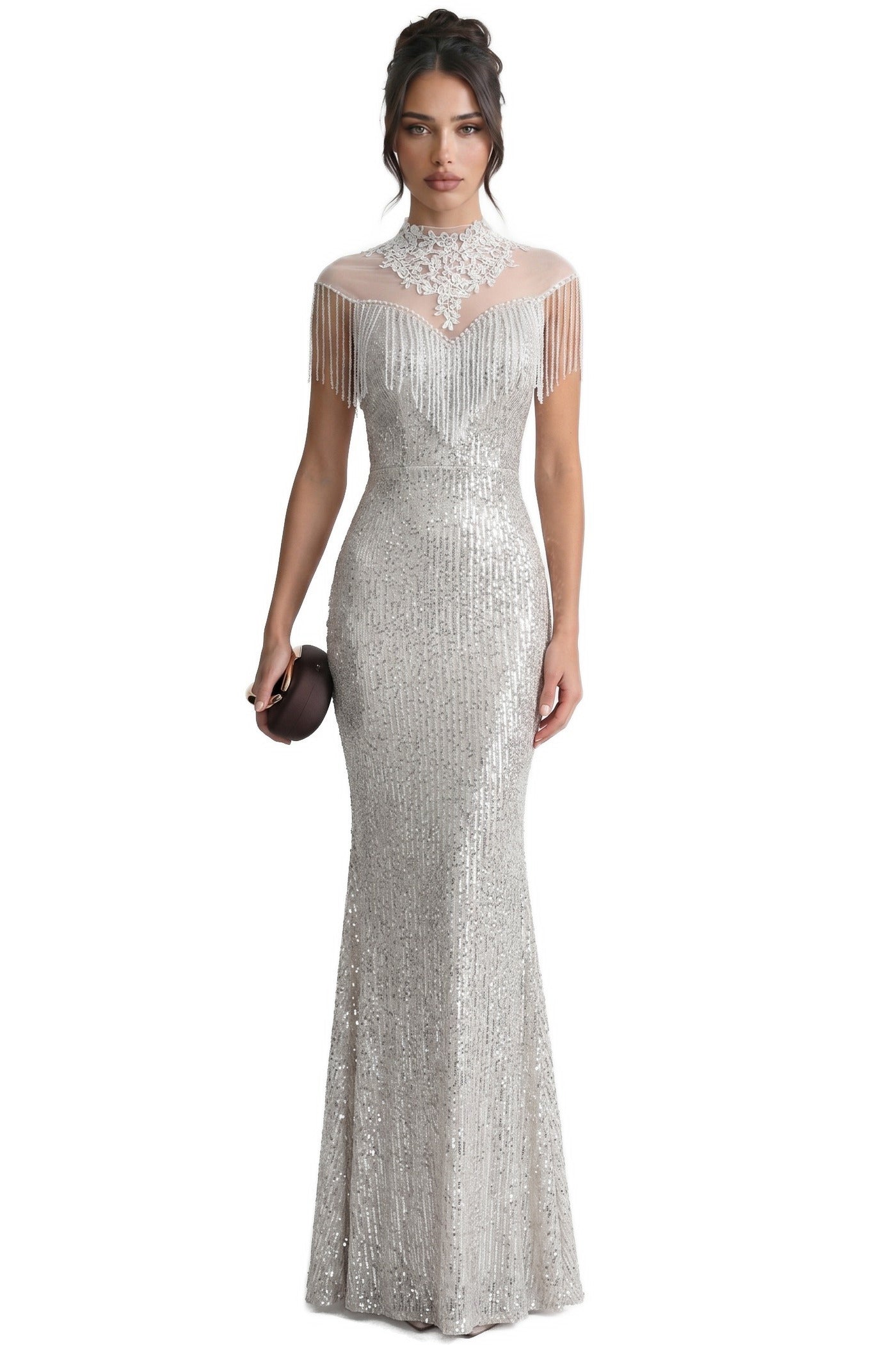 Éléonore High-Neck Sequin Mermaid Gown With Tassel Shoulder Detail - Silver