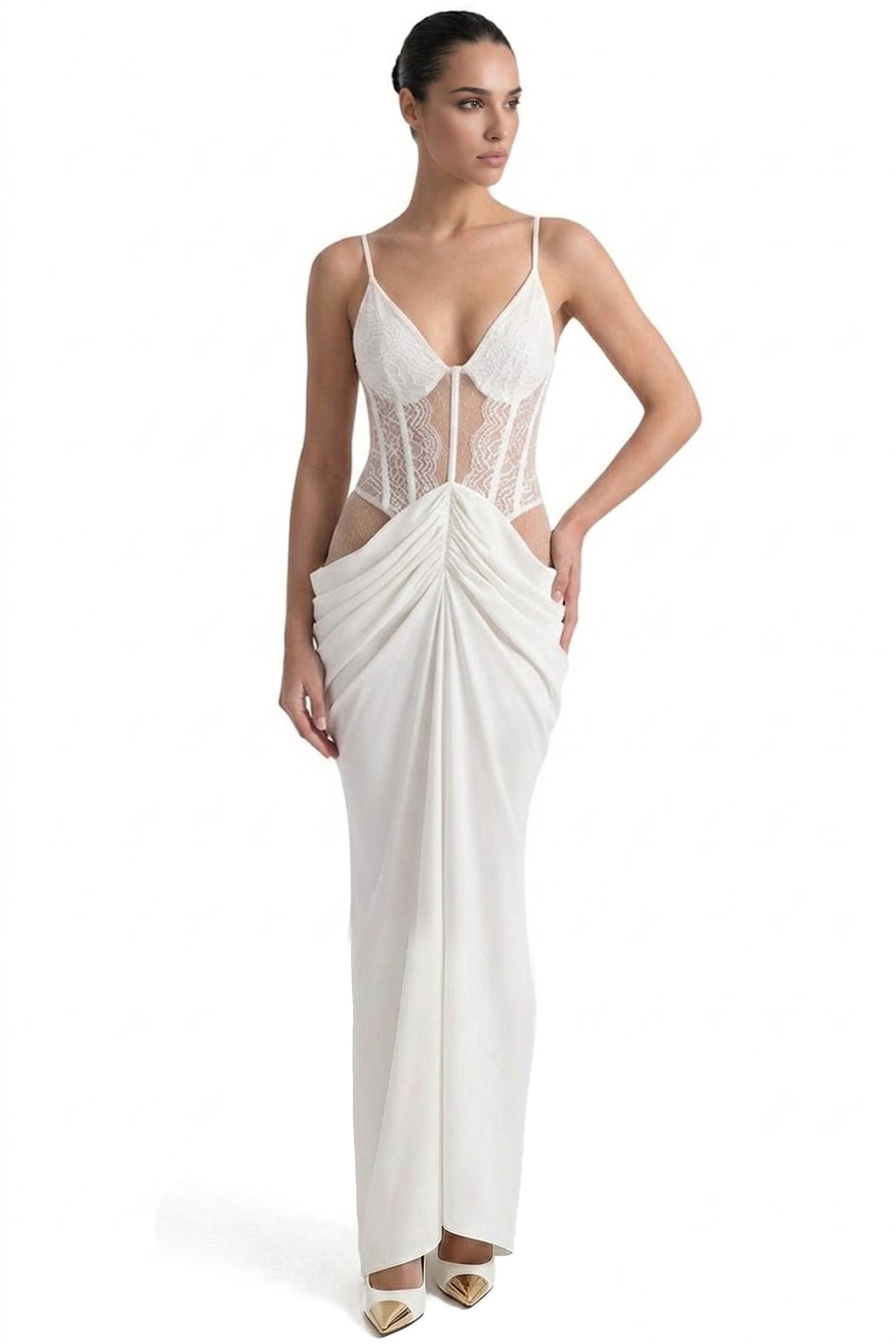 Amouré Lace Corset Maxi Dress With Draped Skirt – White