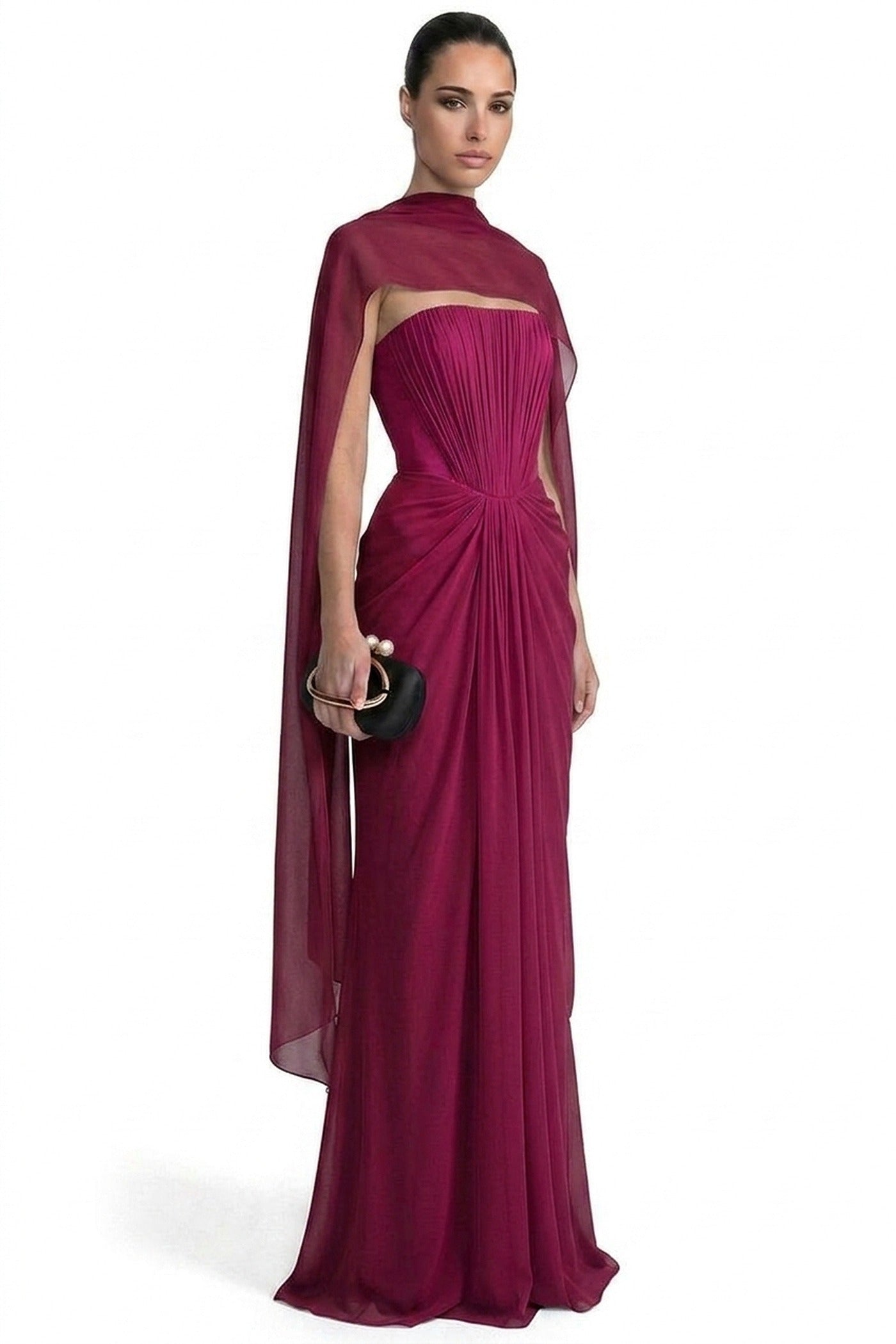 Azuria Strapless Pleated Gown With Draped Chiffon Cape - Red