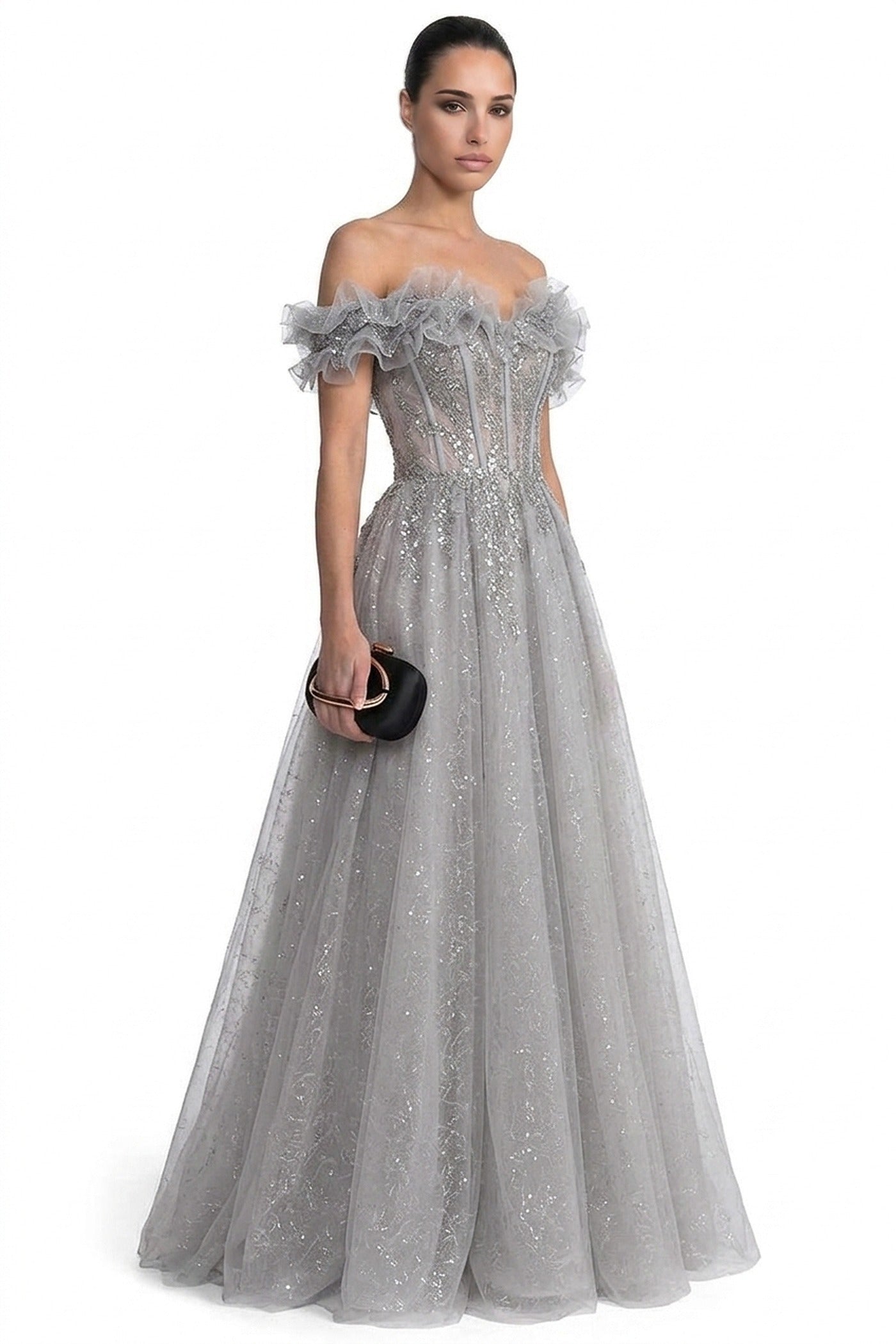 Damienne Off-Shoulder Glitter Tulle Ballgown With Beaded Corset And Ruffle Neckline - Light Gray