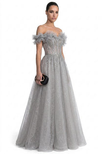 Damienne Off-Shoulder Glitter Tulle Ballgown With Beaded Corset And Ruffle Neckline - Light Gray