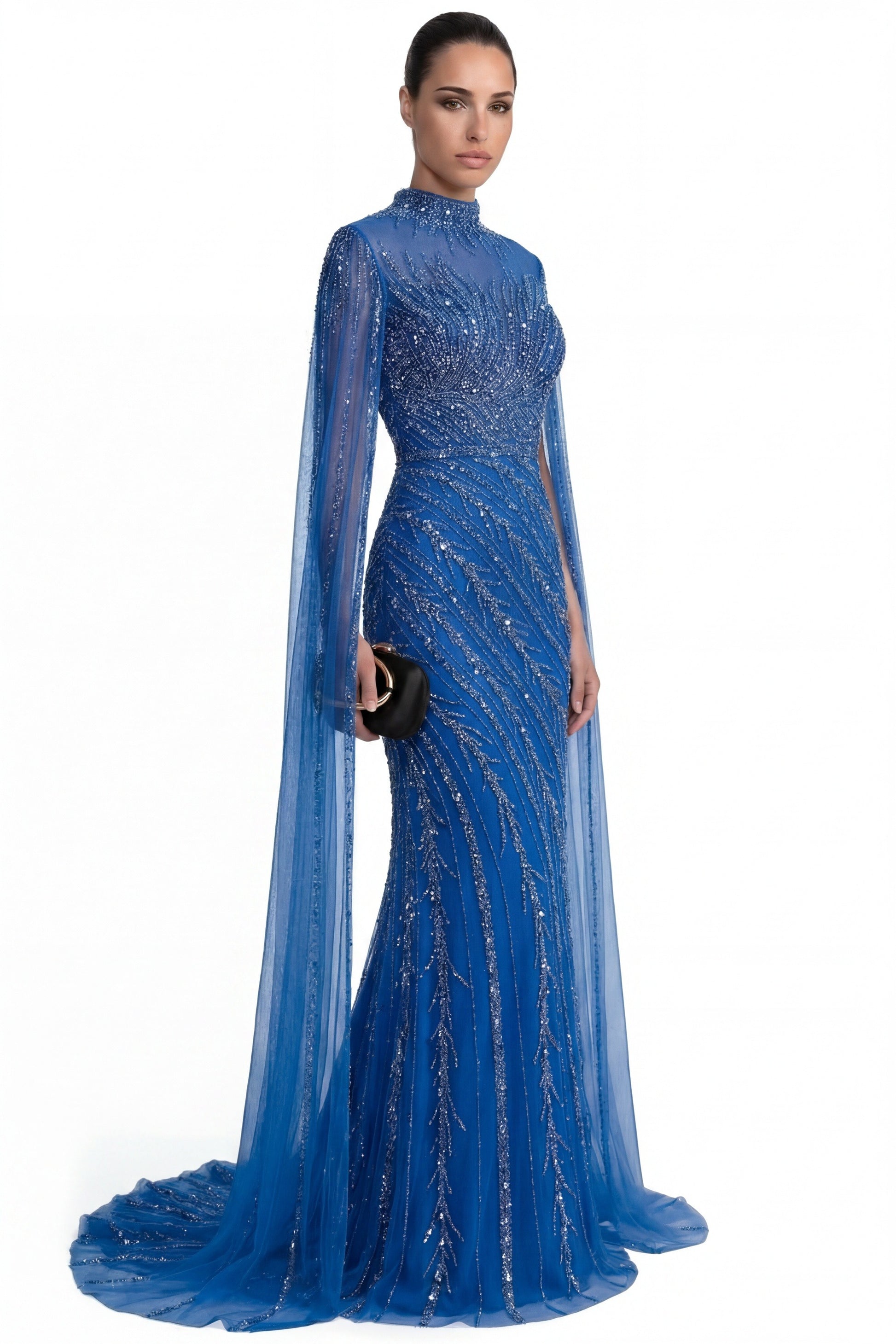Lumière Embellished Long Sleeve Maxi Dress With Sheer Veil Sleeves - Blue