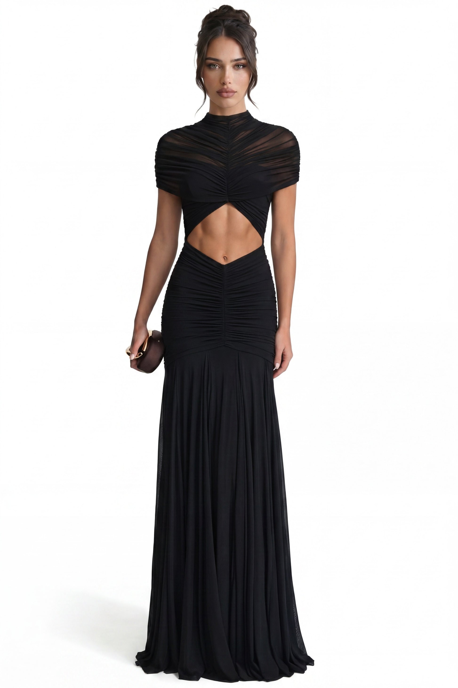 Odette gerafftes Twist-Front Maxikleid mit Cutout-Taille – Schwarz