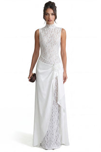 Vivienne Lace High-Neck Gown With Satin Skirt And Rose Detail - White